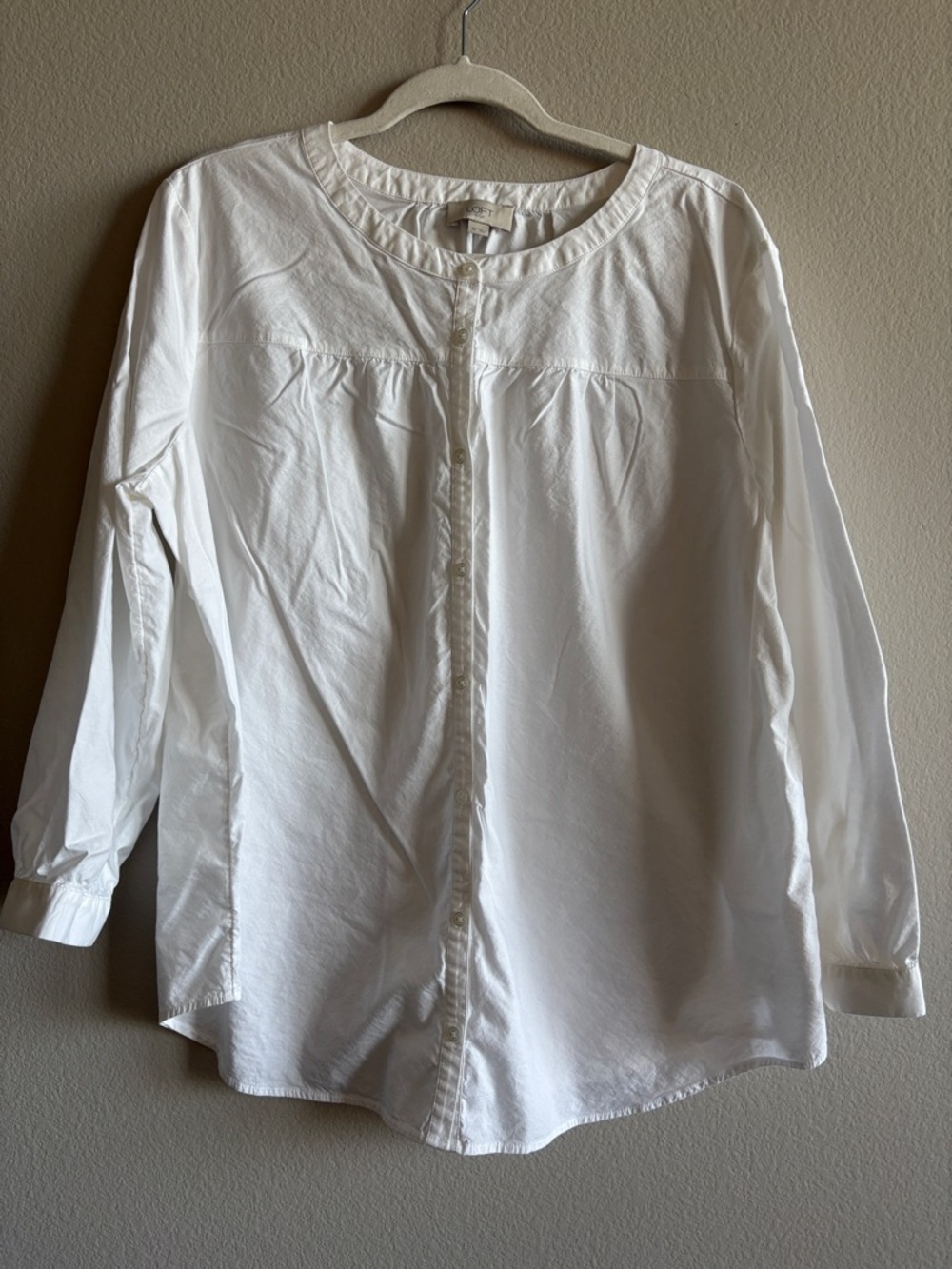 LOFT Round-Neck Button Front Top White Long Sleeve Cotton Modal Size XL
